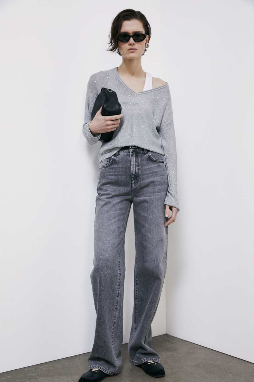 V-neck sweater with sequins, Silver, Patrizia Pepe