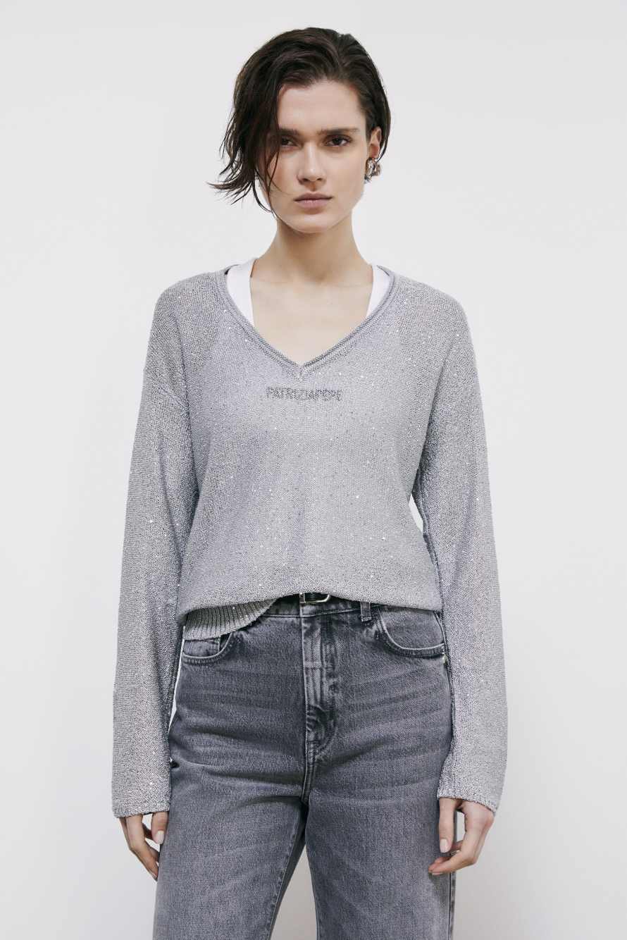 V-neck sweater with sequins, Silver, Patrizia Pepe