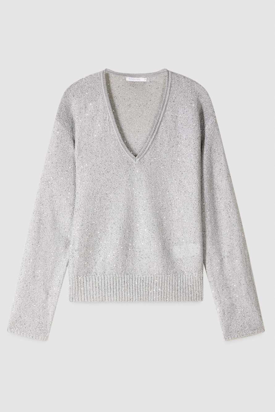 V-neck sweater with sequins, Silver, Patrizia Pepe