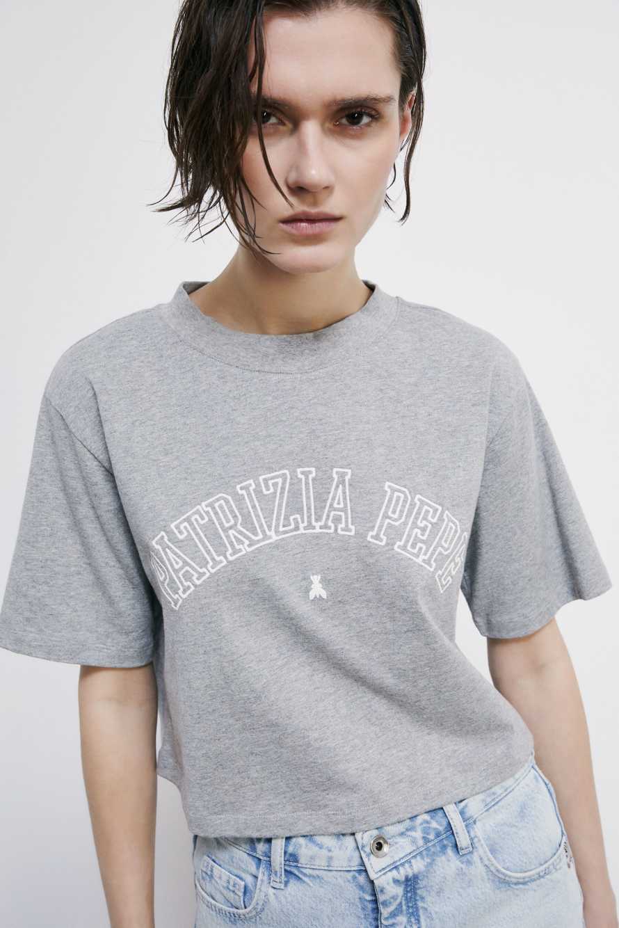 Cropped T-shirt with logo, Grey, Patrizia Pepe