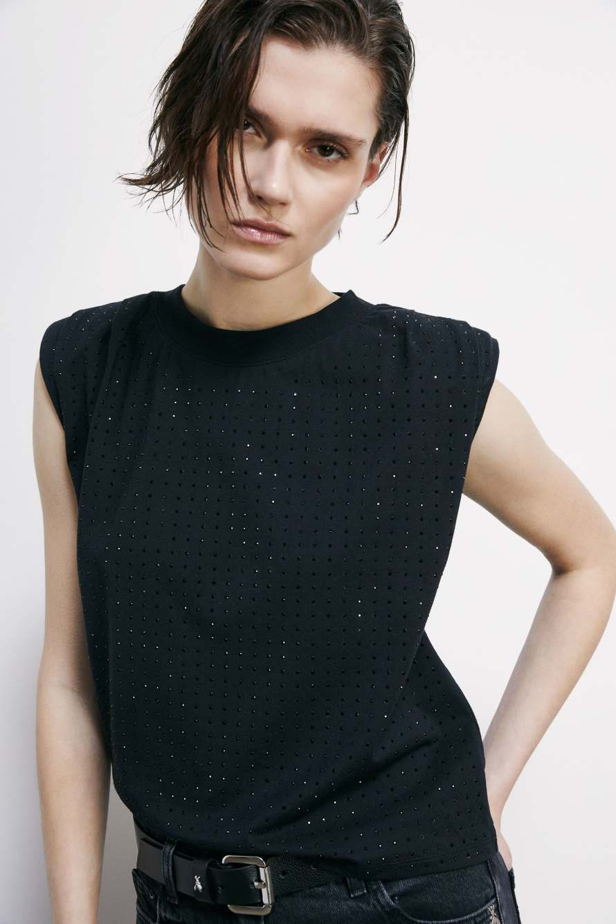 Cotton vest with rhinestones, Black, Patrizia Pepe