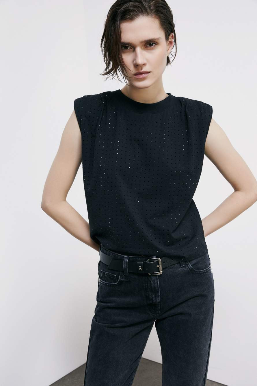 Cotton vest with rhinestones, Black, Patrizia Pepe