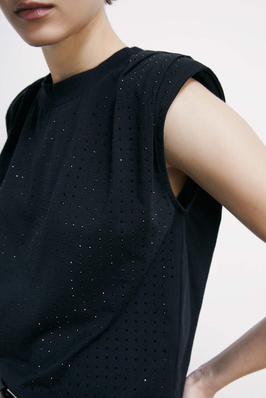 Cotton vest with rhinestones, Black, Patrizia Pepe