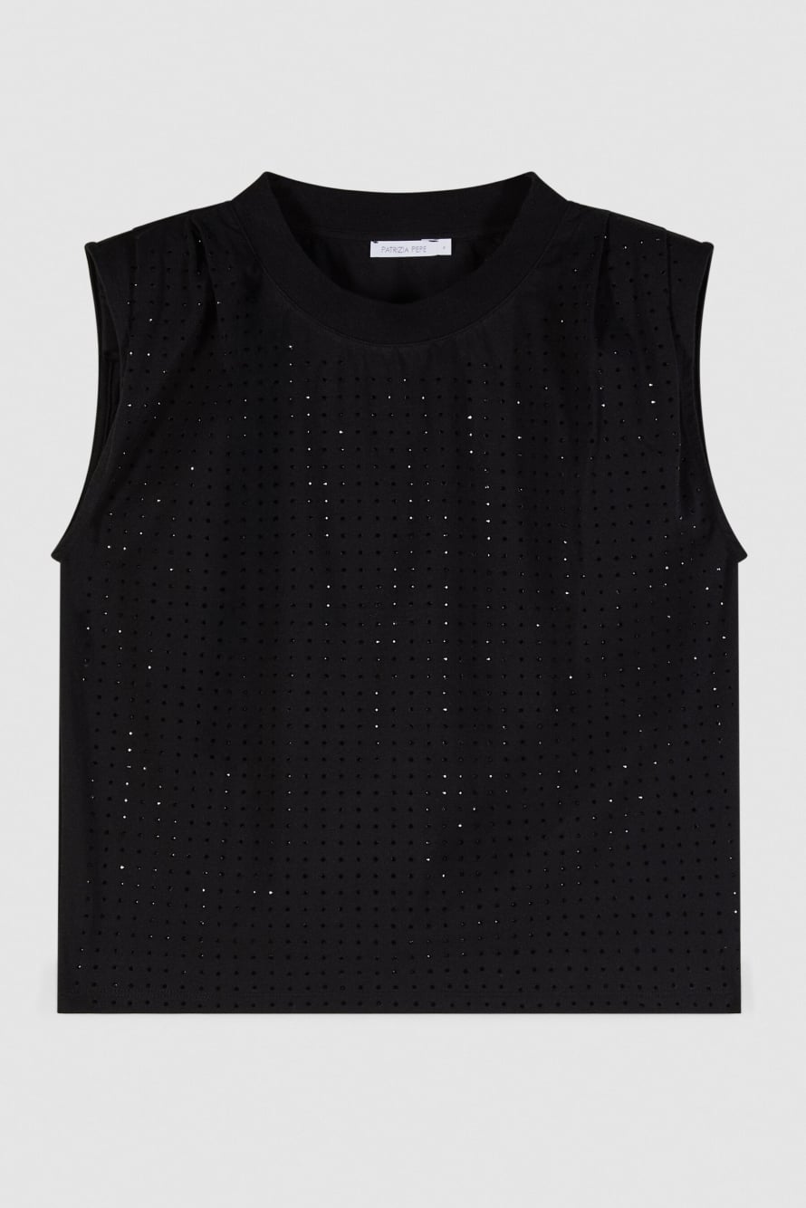 Cotton vest with rhinestones, Black, Patrizia Pepe
