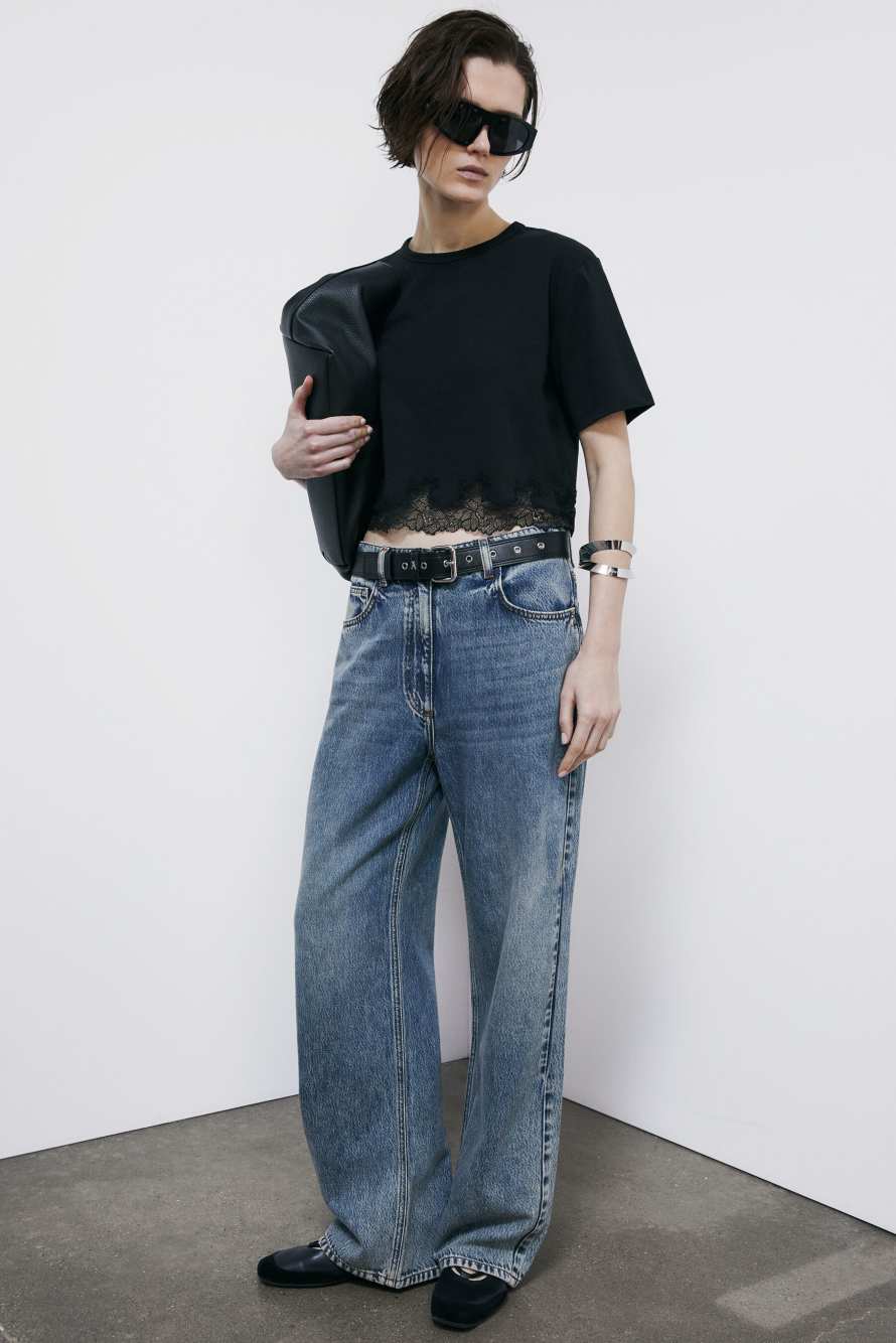 Cropped T-shirt with lace, Black, Patrizia Pepe