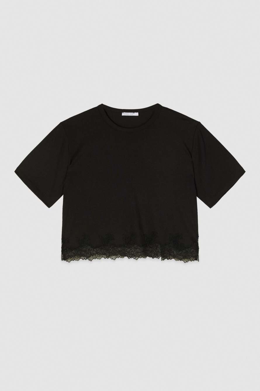 Cropped T-shirt with lace, Black, Patrizia Pepe