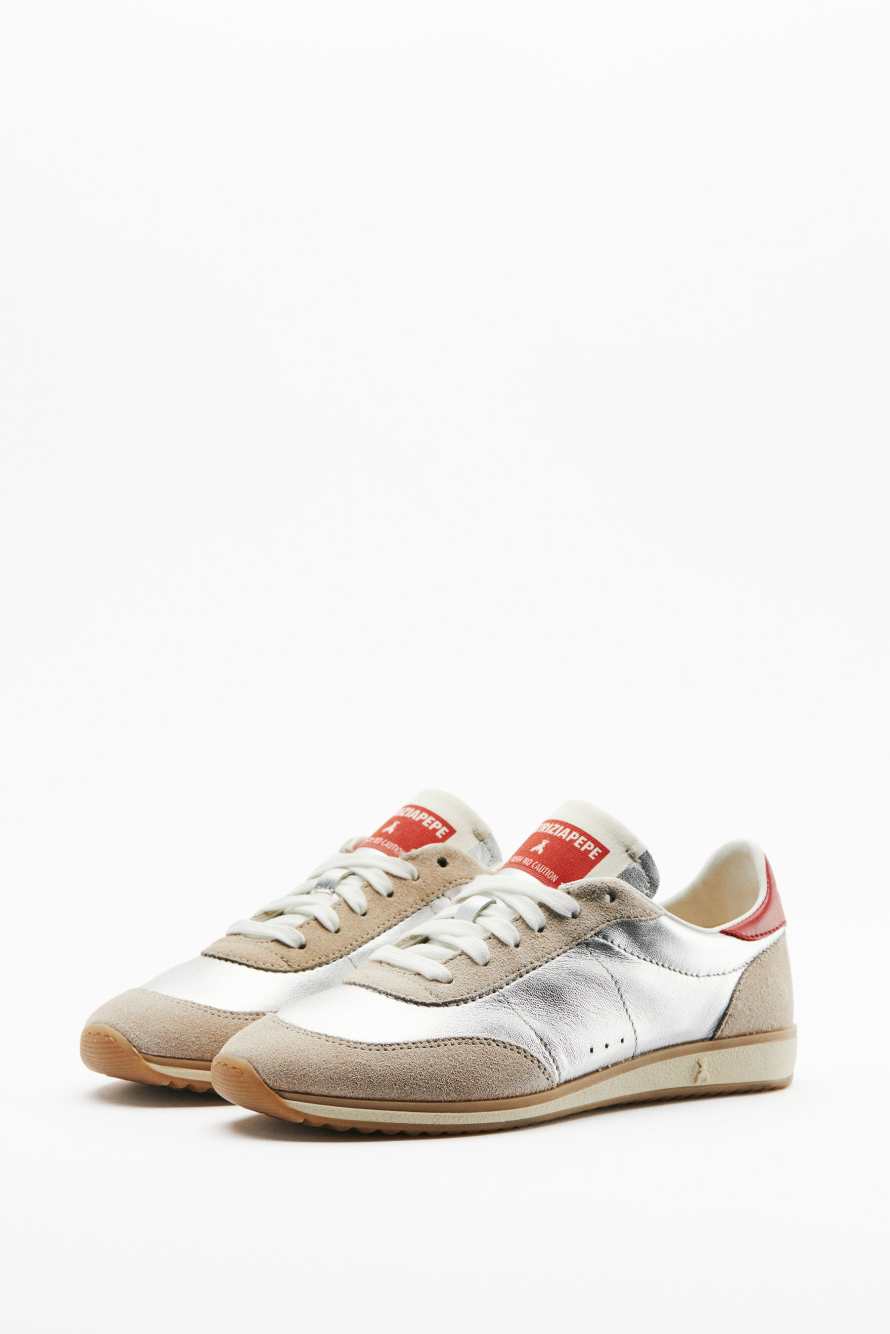 Сникеры Running SKIN из ламинированной кожи с надписью, Серебристый, Patrizia Pepe