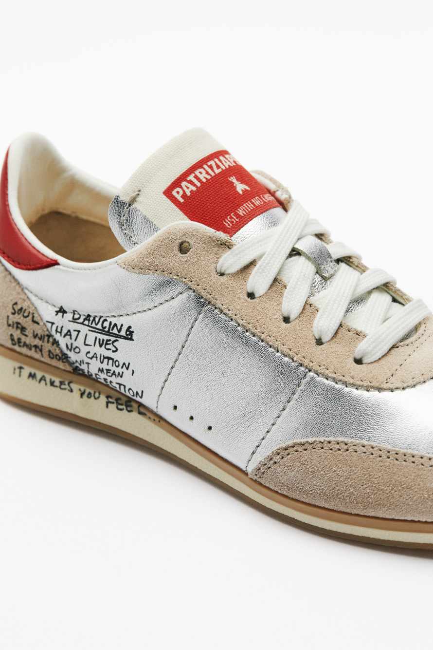 Сникеры Running SKIN из ламинированной кожи с надписью, Серебристый, Patrizia Pepe