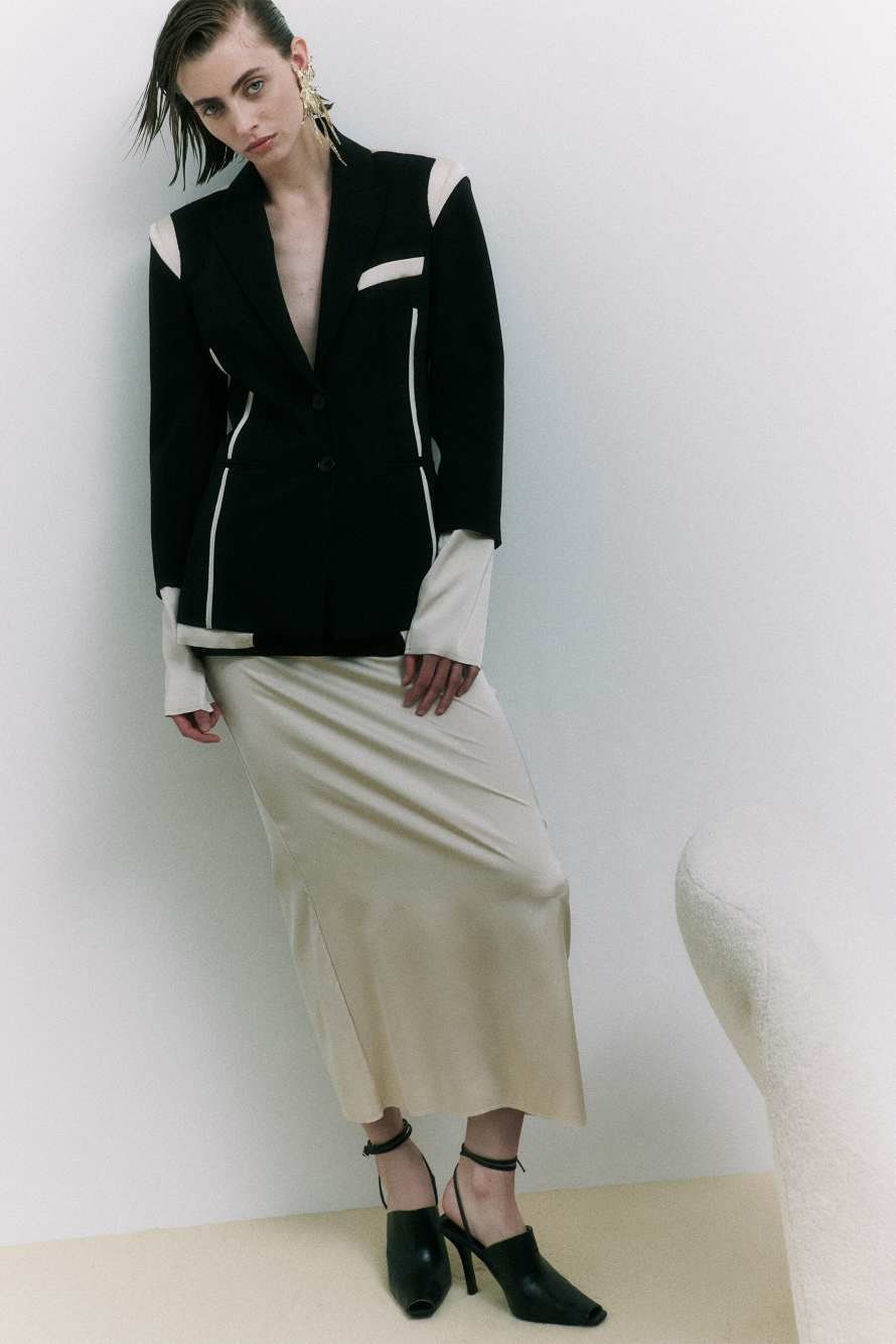 Viscose blend color block midi skirt, Black/Ivory, Patrizia Pepe