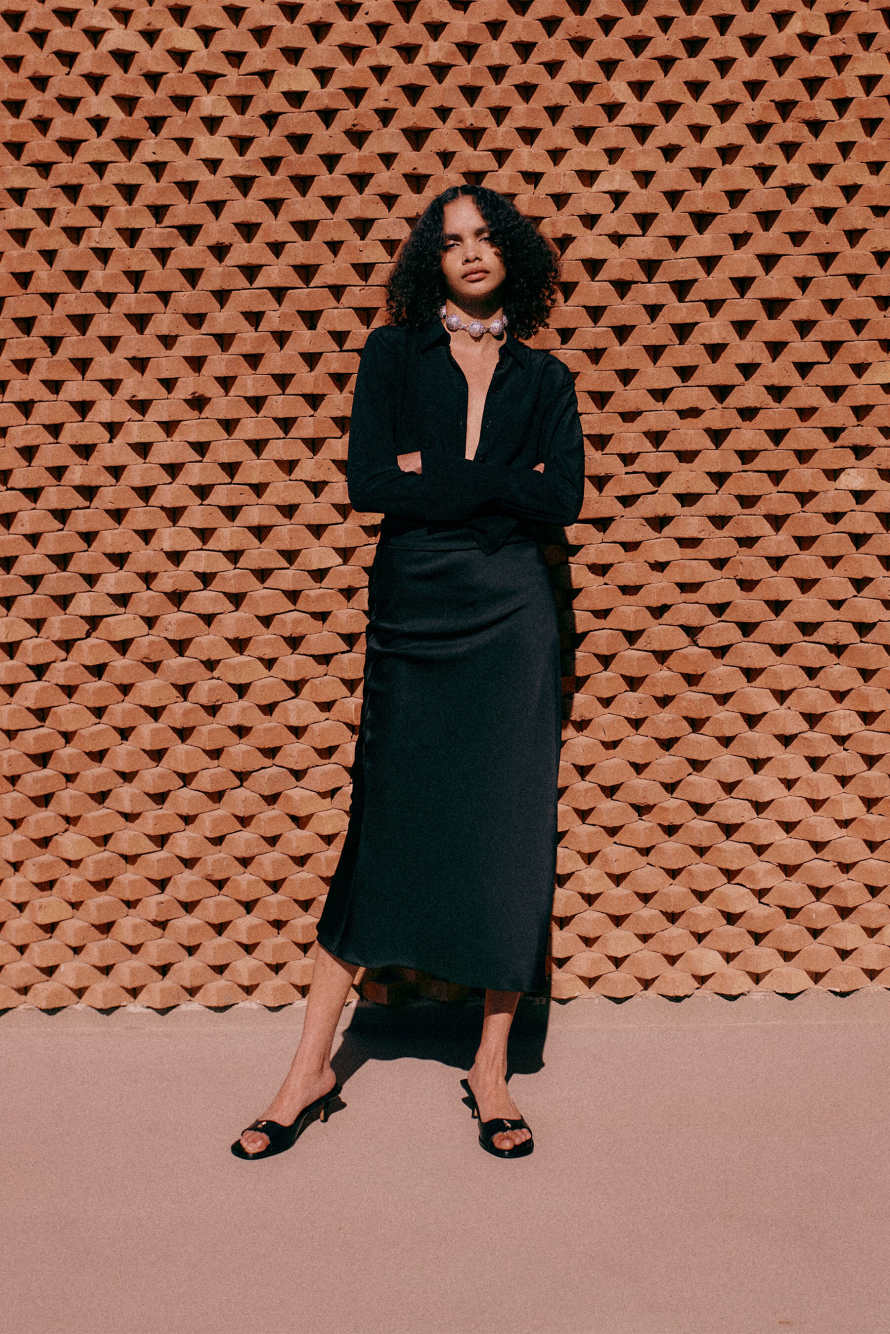 Draped satin midi skirt, Black, Patrizia Pepe