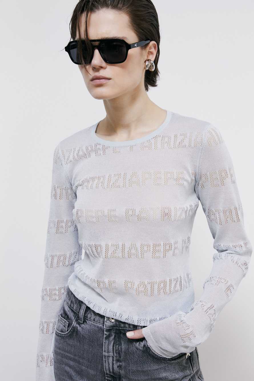Pullover mit perforiertem Logo, Hellblau, Patrizia Pepe