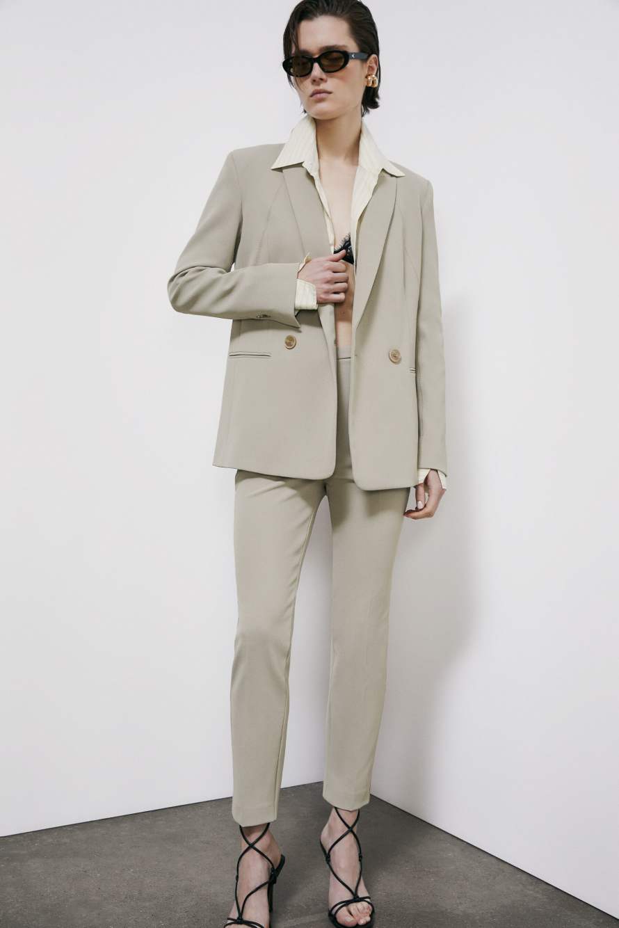 Double-breasted blazer in structured twill, Beige, Patrizia Pepe