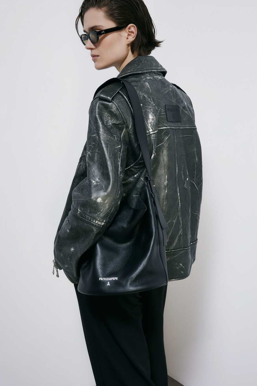 Сумка-ведро Never Complete из тисненой кожи, Черный, Patrizia Pepe