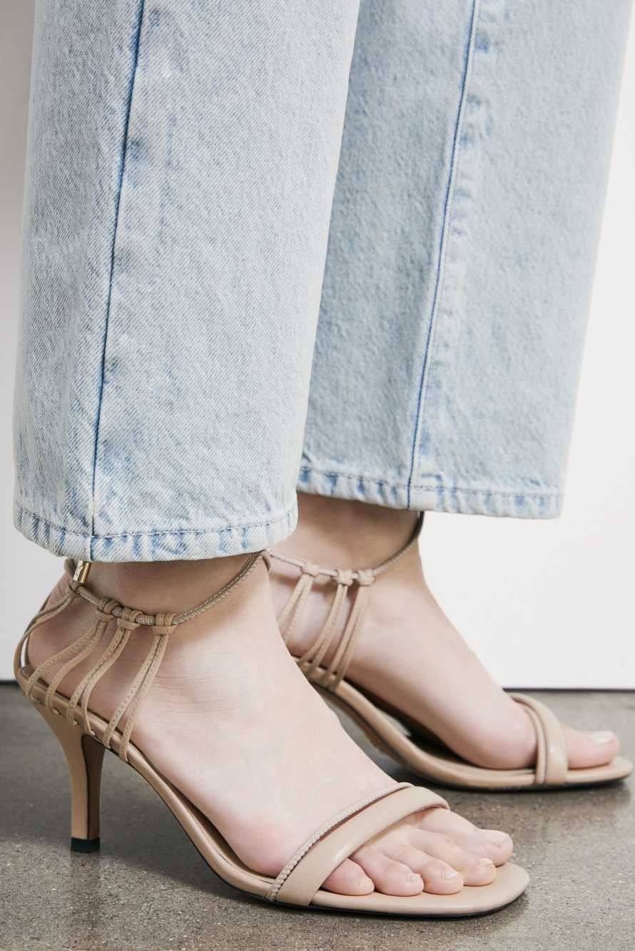 Square Essential Fly crossed heeled sandals in nappa leather, Beige, Patrizia Pepe