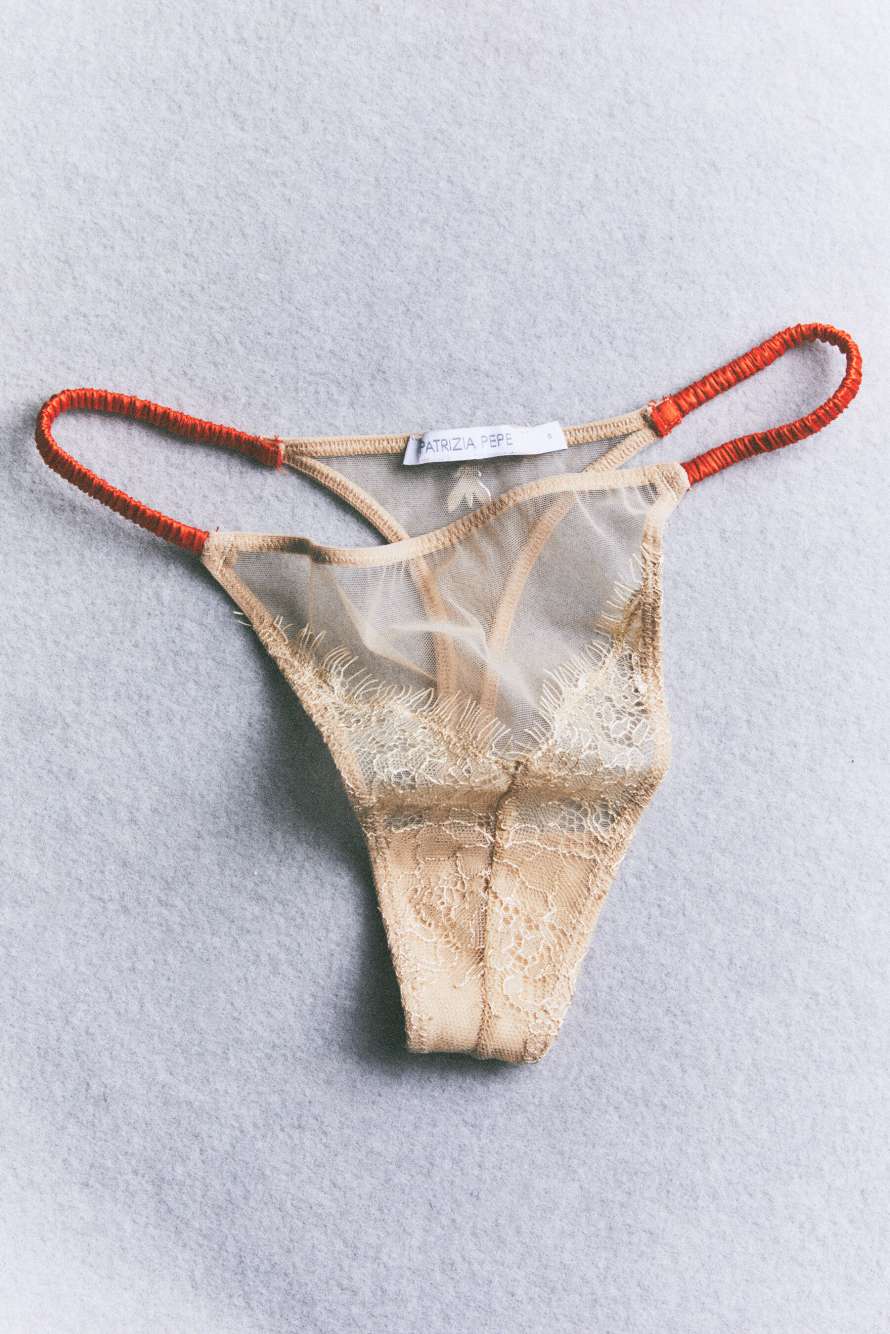 Tulle and lace thong, Beige/Orange, Patrizia Pepe