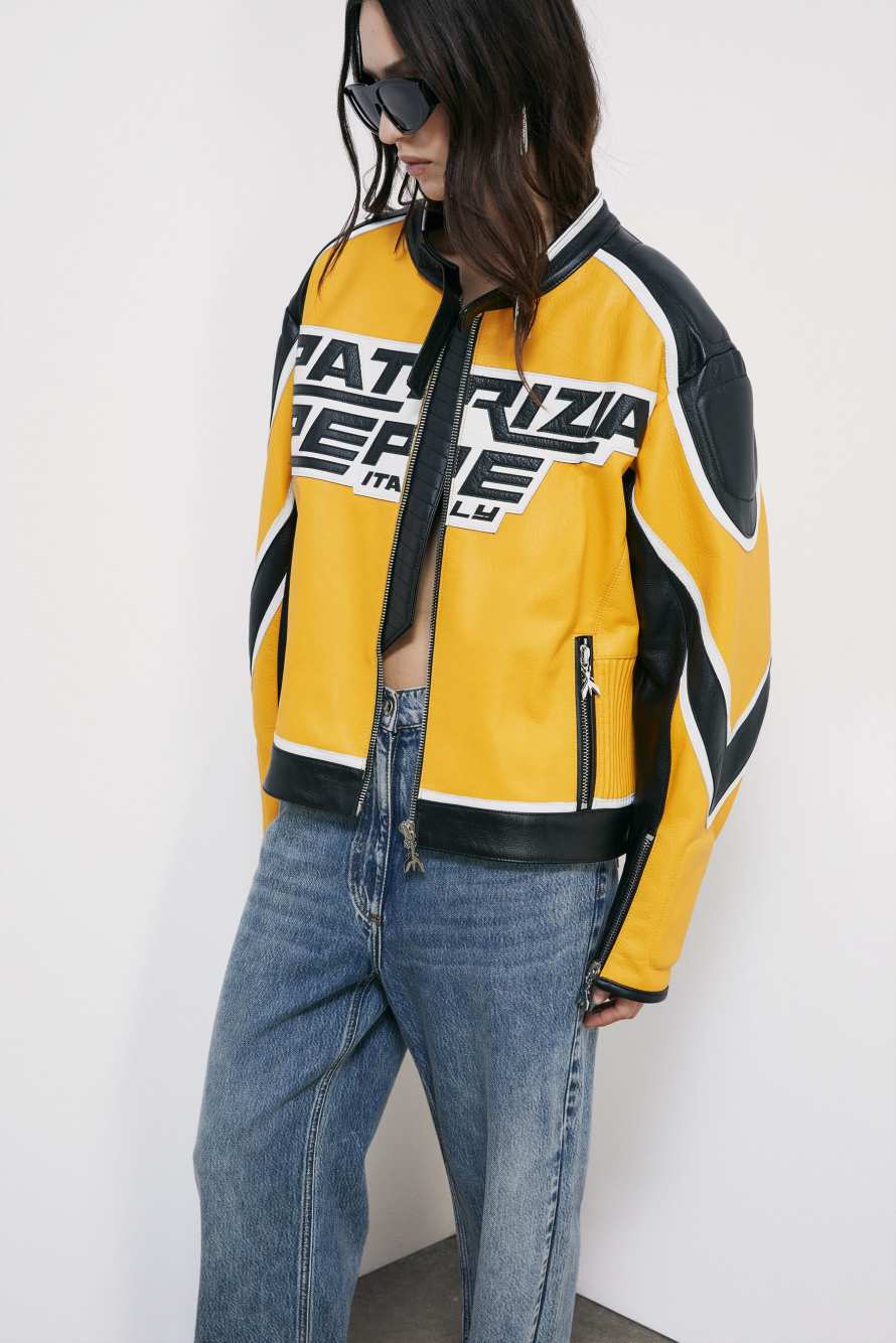 Racing leather biker jacket, Yellow/Black, Patrizia Pepe