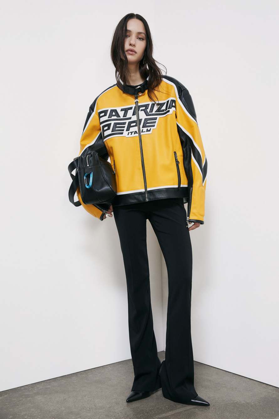 Racing leather biker jacket, Yellow/Black, Patrizia Pepe
