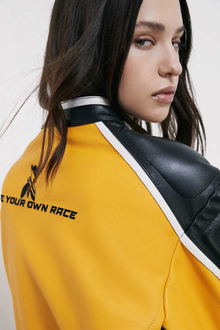 Racing leather biker jacket, Yellow/Black, Patrizia Pepe