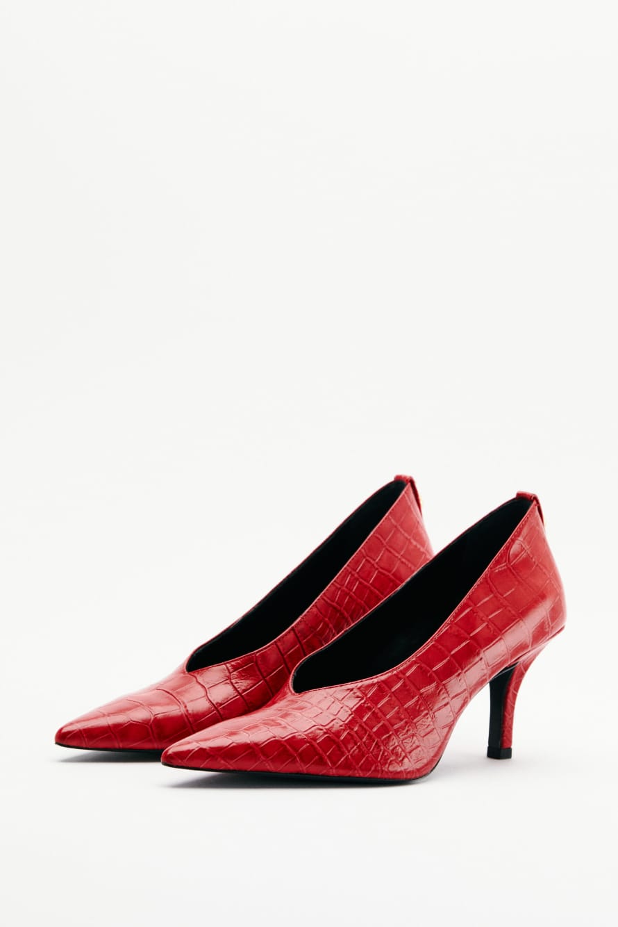 New Minimal Shape Leather Pumps with Croco Print, Red, Patrizia Pepe