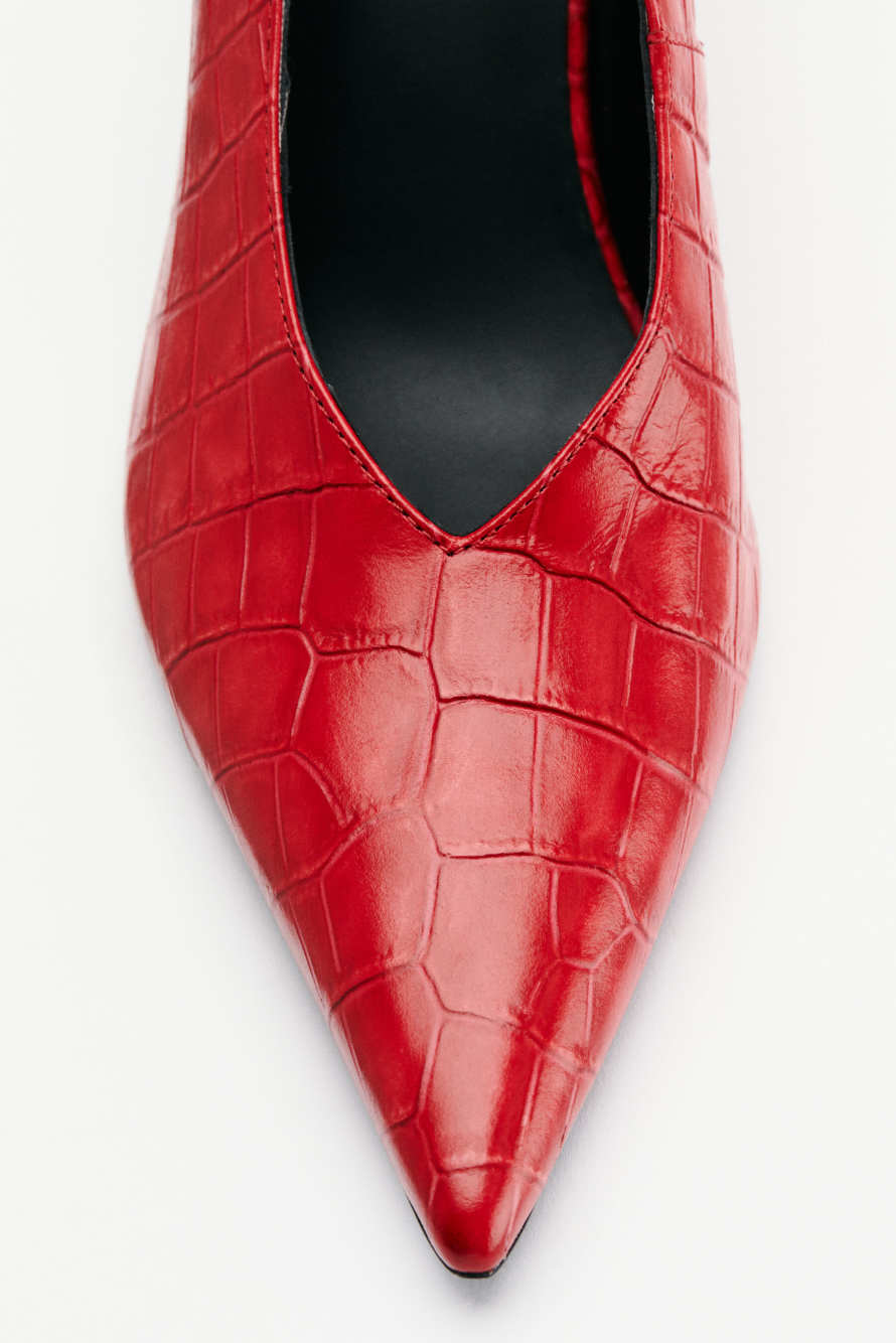 New Minimal Shape Leather Pumps with Croco Print, Red, Patrizia Pepe