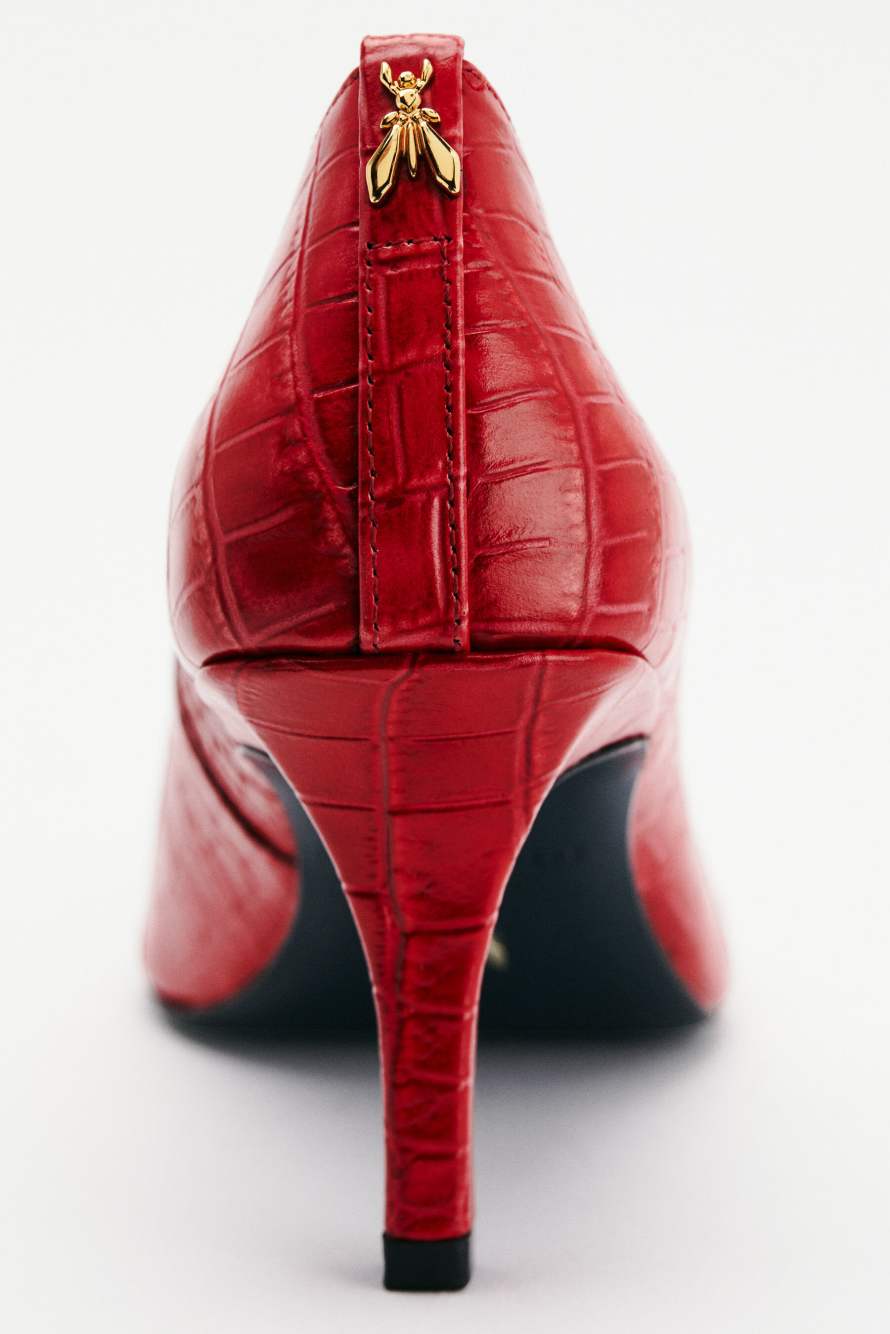 New Minimal Shape Leather Pumps with Croco Print, Red, Patrizia Pepe