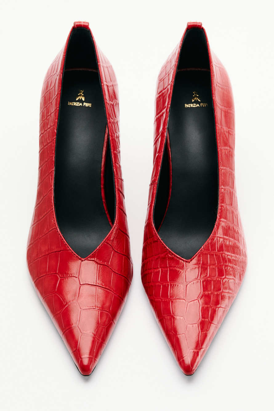 New Minimal Shape Leather Pumps with Croco Print, Red, Patrizia Pepe