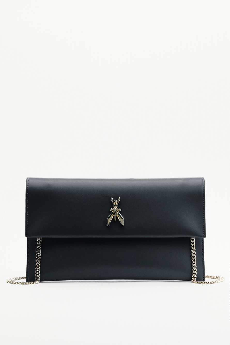 Fly leather clutch bag with chain, Black/Light Gold, Patrizia Pepe