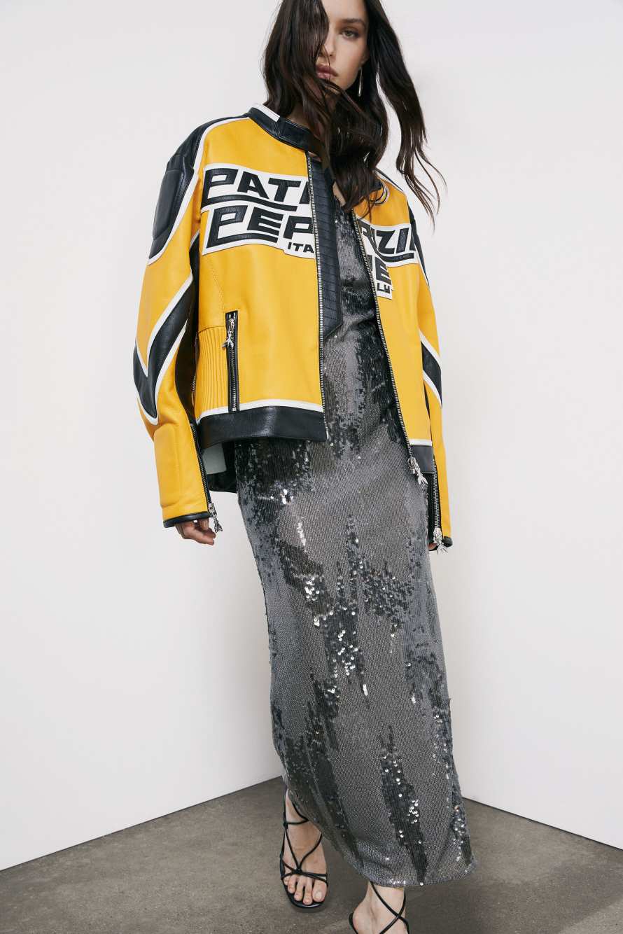 Racing leather biker jacket, Yellow/Black, Patrizia Pepe