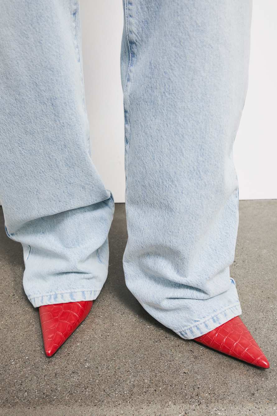 New Minimal Shape Leather Pumps with Croco Print, Red, Patrizia Pepe