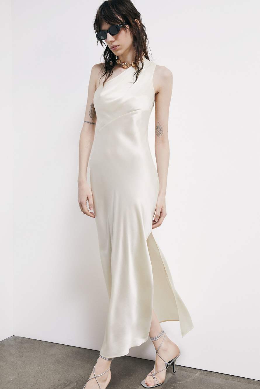 One-shoulder silk satin dress, 0, Patrizia Pepe