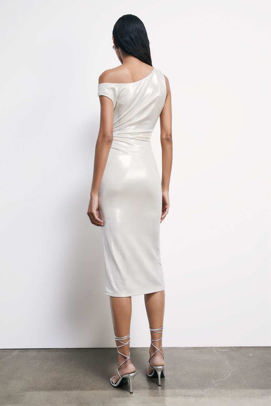 Laminated asymmetric midi dress, Silver, Patrizia Pepe
