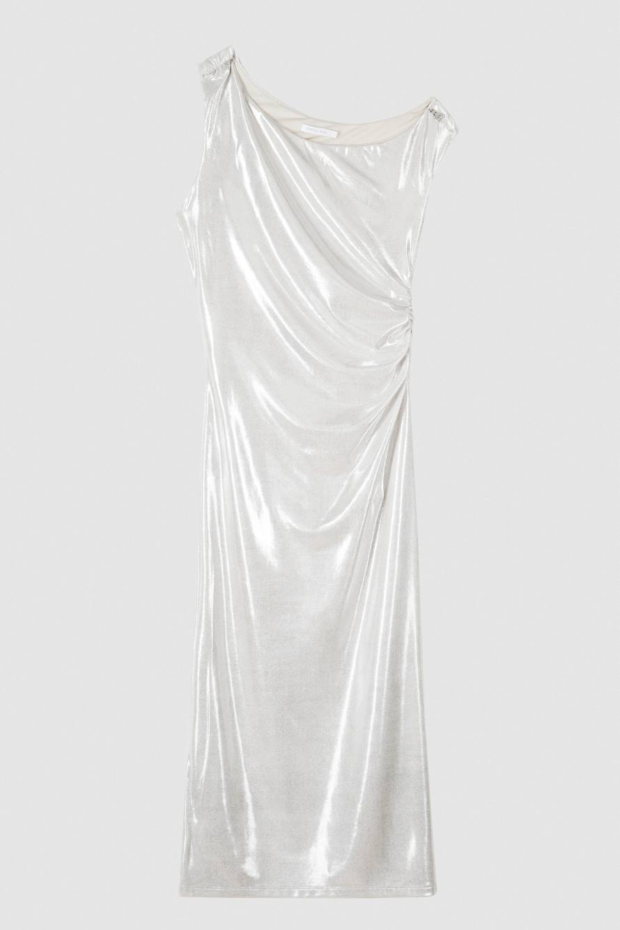 Laminated asymmetric midi dress, Silver, Patrizia Pepe