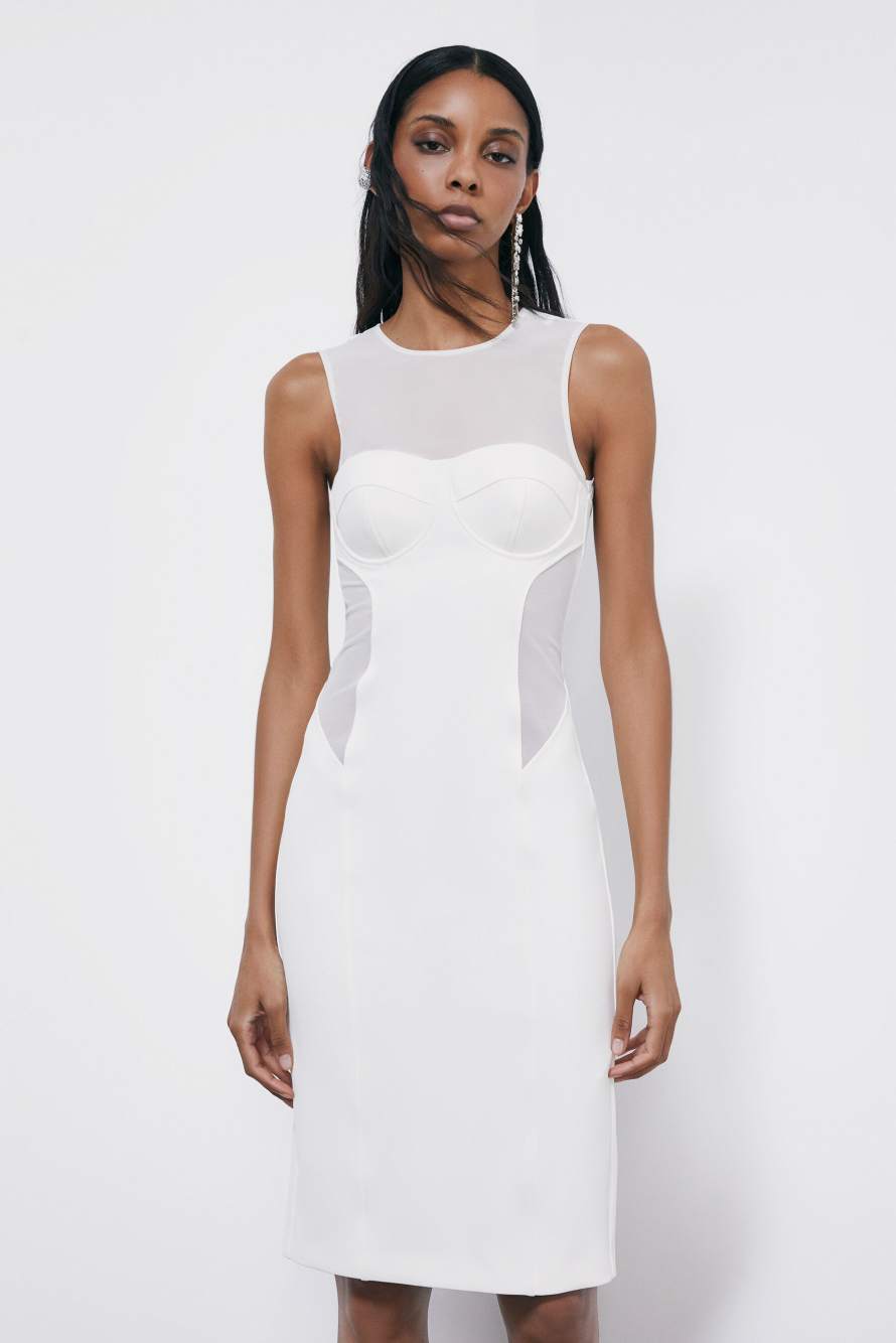 Midi bustier dress in mixed fabric, White, Patrizia Pepe