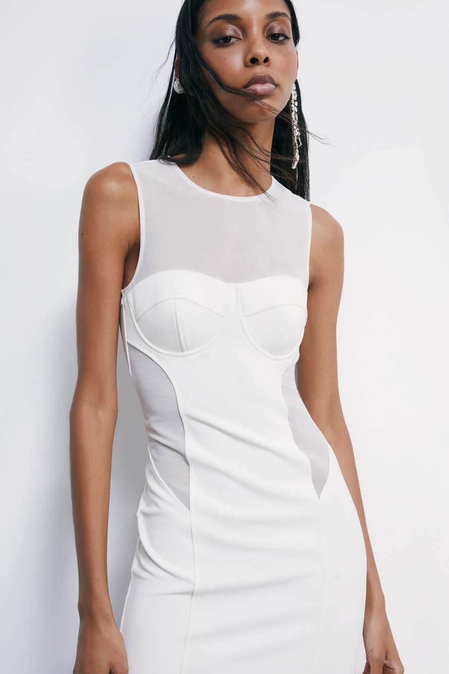 Midi bustier dress in mixed fabric, White, Patrizia Pepe