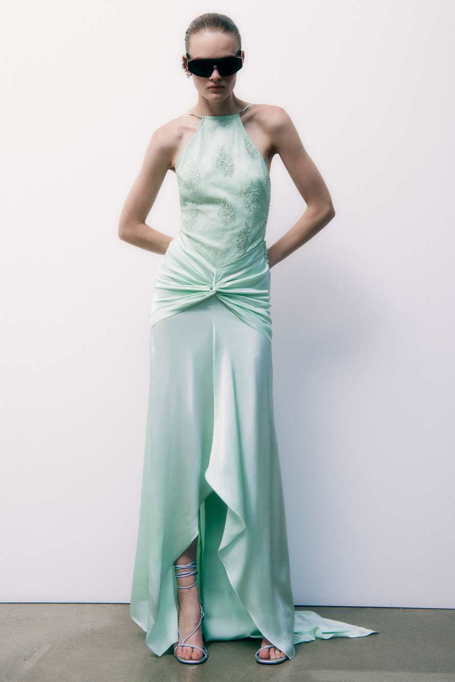 Long ceremony dress with jewel insert, Mint, Patrizia Pepe