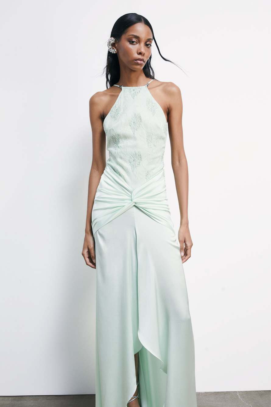 Long ceremony dress with jewel insert, Mint, Patrizia Pepe