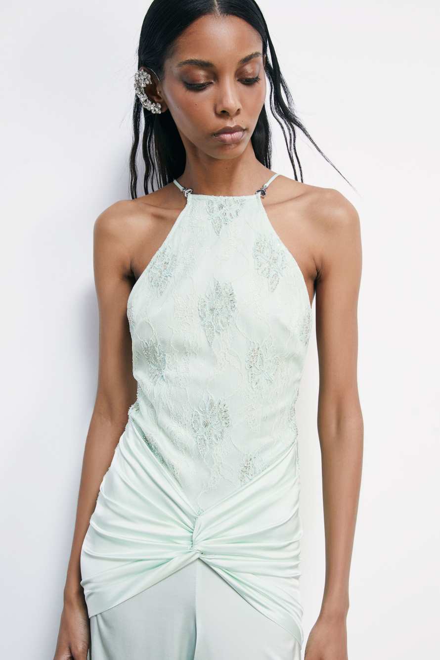 Long ceremony dress with jewel insert, Mint, Patrizia Pepe