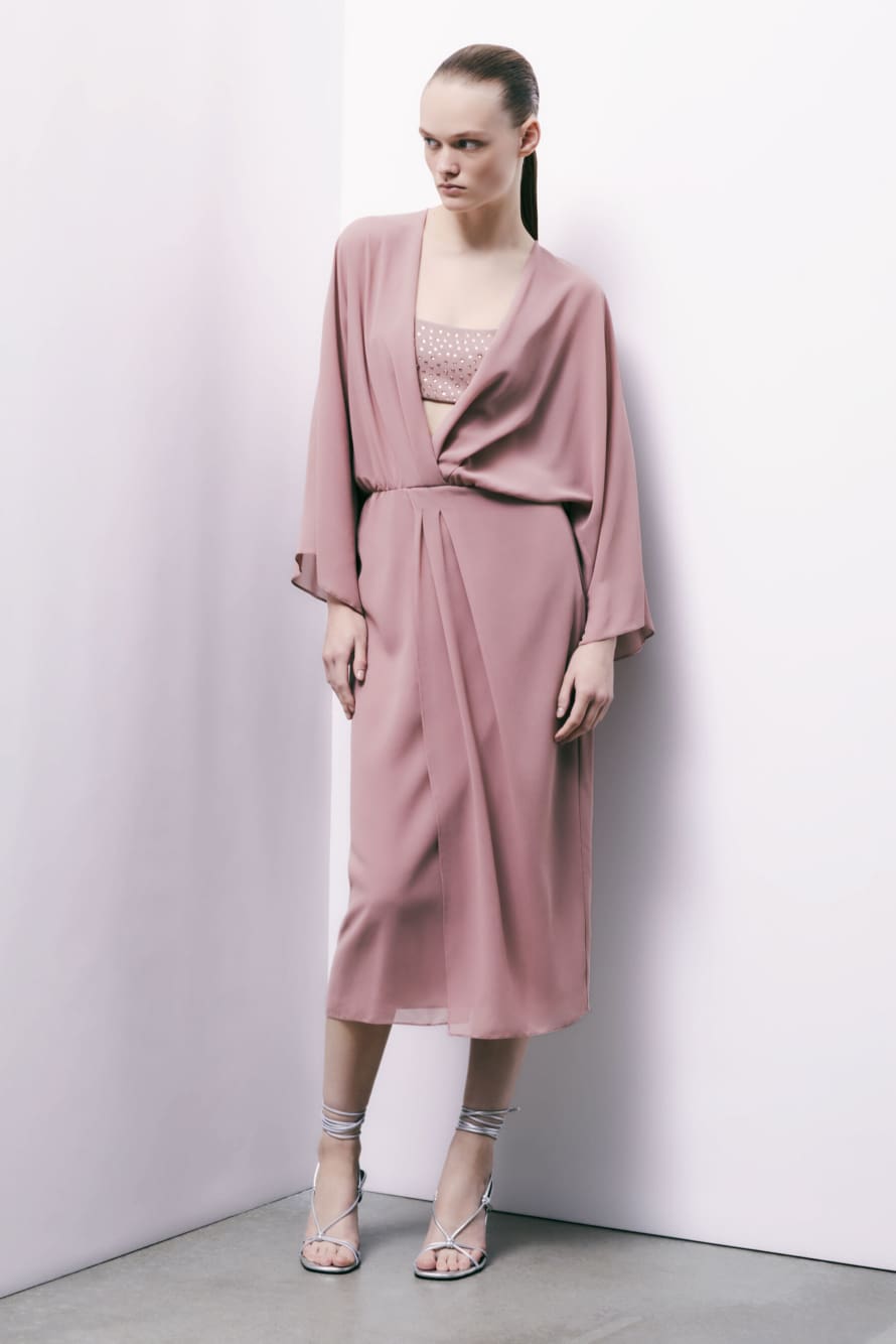 Fluid kimono dress in georgette, Pink, Patrizia Pepe