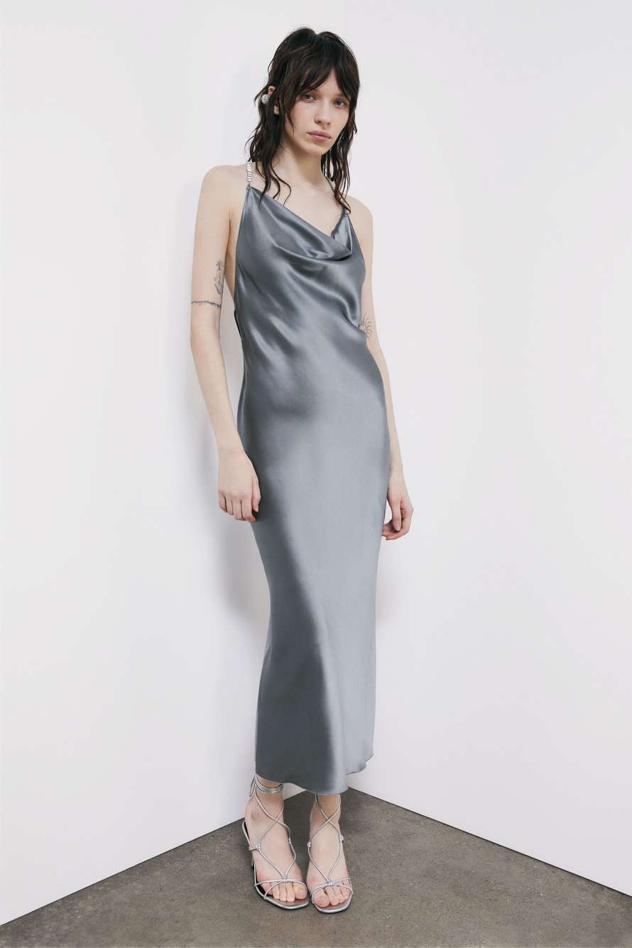 Silk evening dress with jewel detail, Grey, Patrizia Pepe