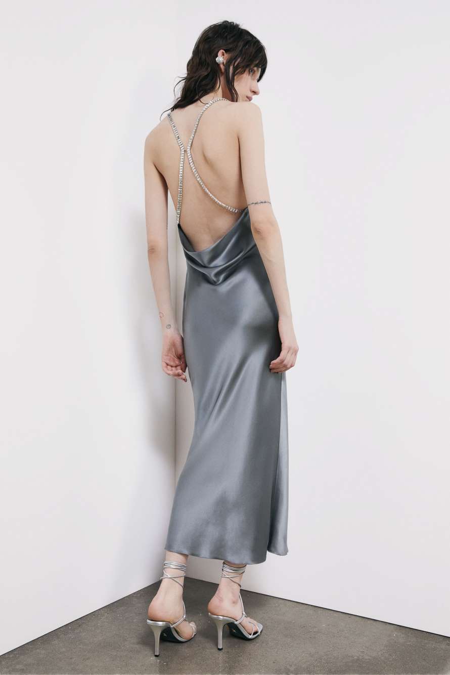 Silk evening dress with jewel detail, Grey, Patrizia Pepe