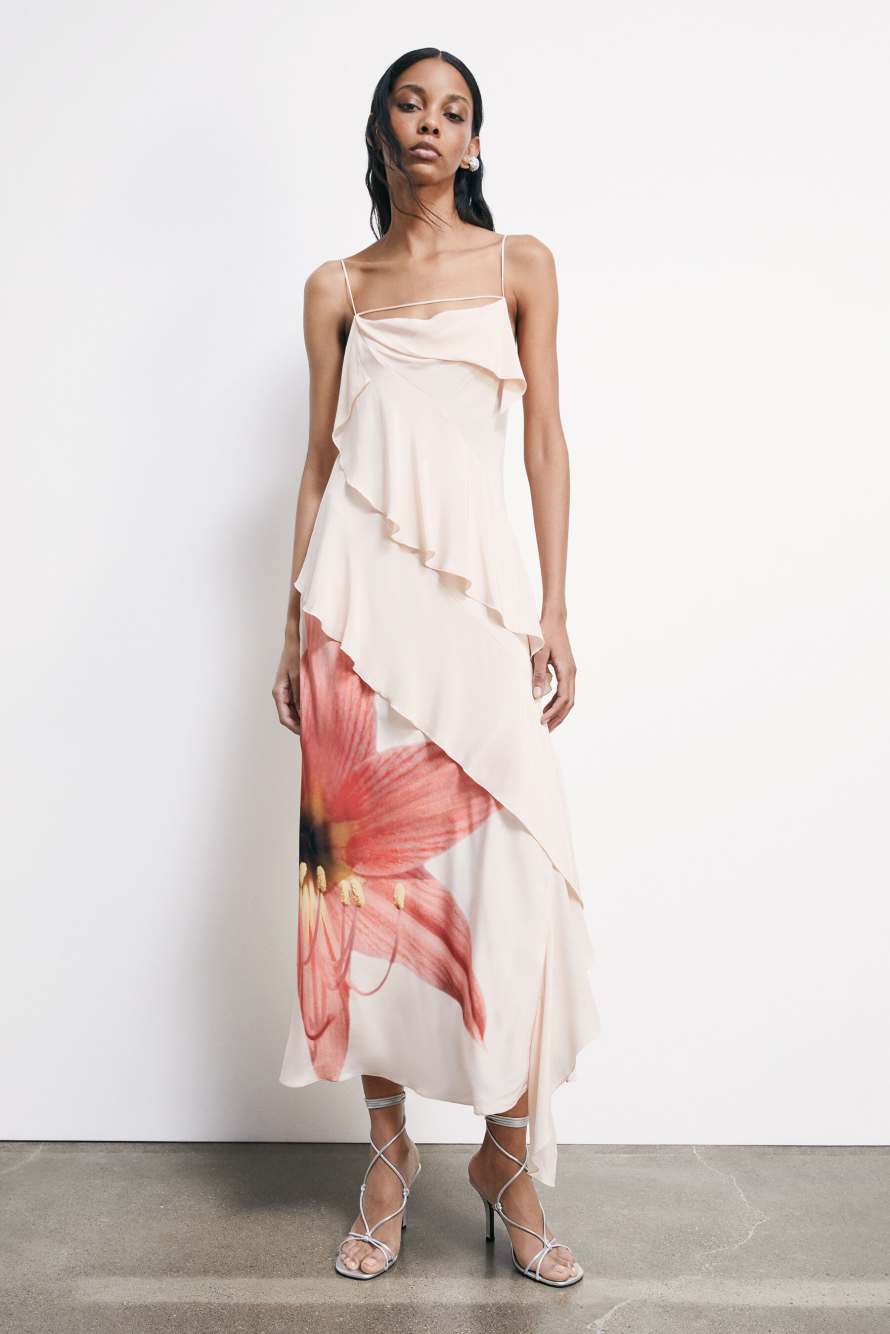 Long dress with ruffles and Flower print, Pink, Patrizia Pepe