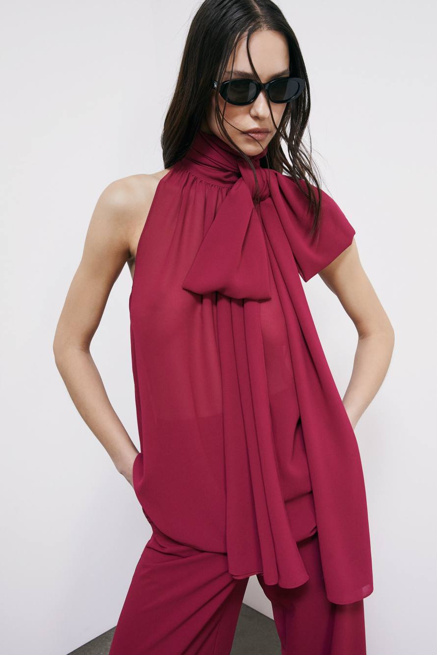 Fluid blouse with long ties, Red, Patrizia Pepe