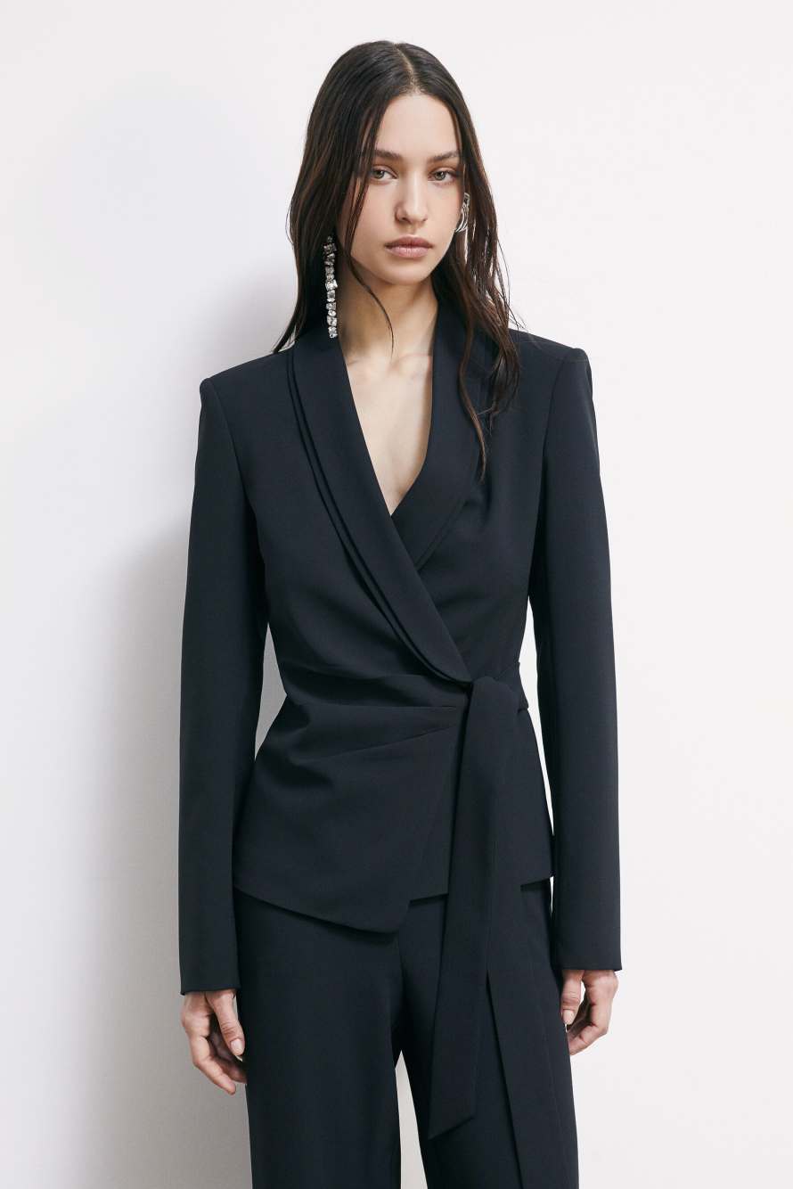 Cr&ecirc;pe blazer with tie belt, Black, Patrizia Pepe