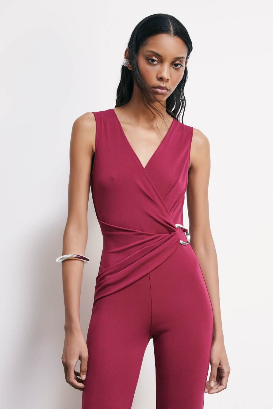 Draped jumpsuit in stretch cr&ecirc;pe jersey, Red, Patrizia Pepe