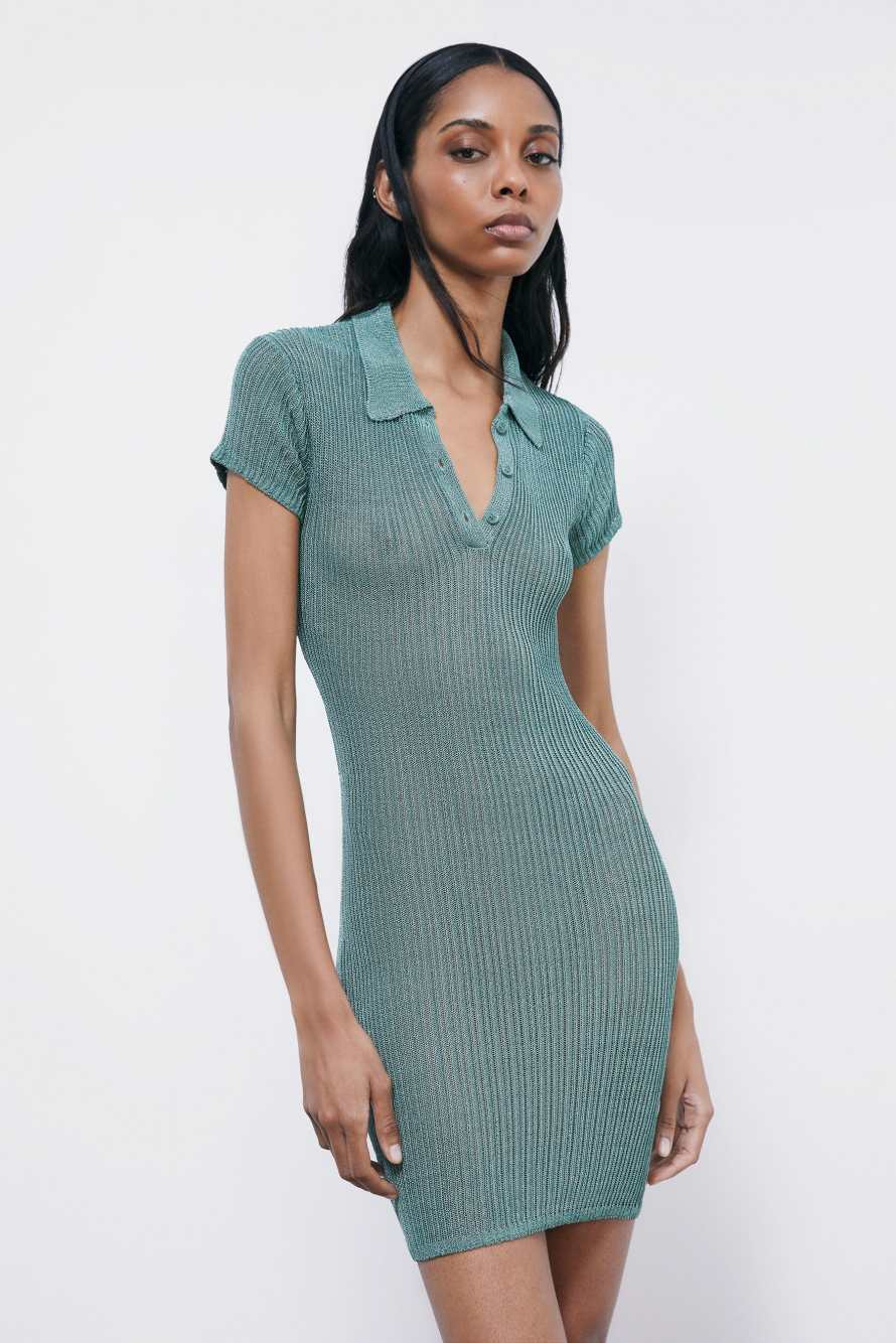 Vestido polo mini de punto, Verde