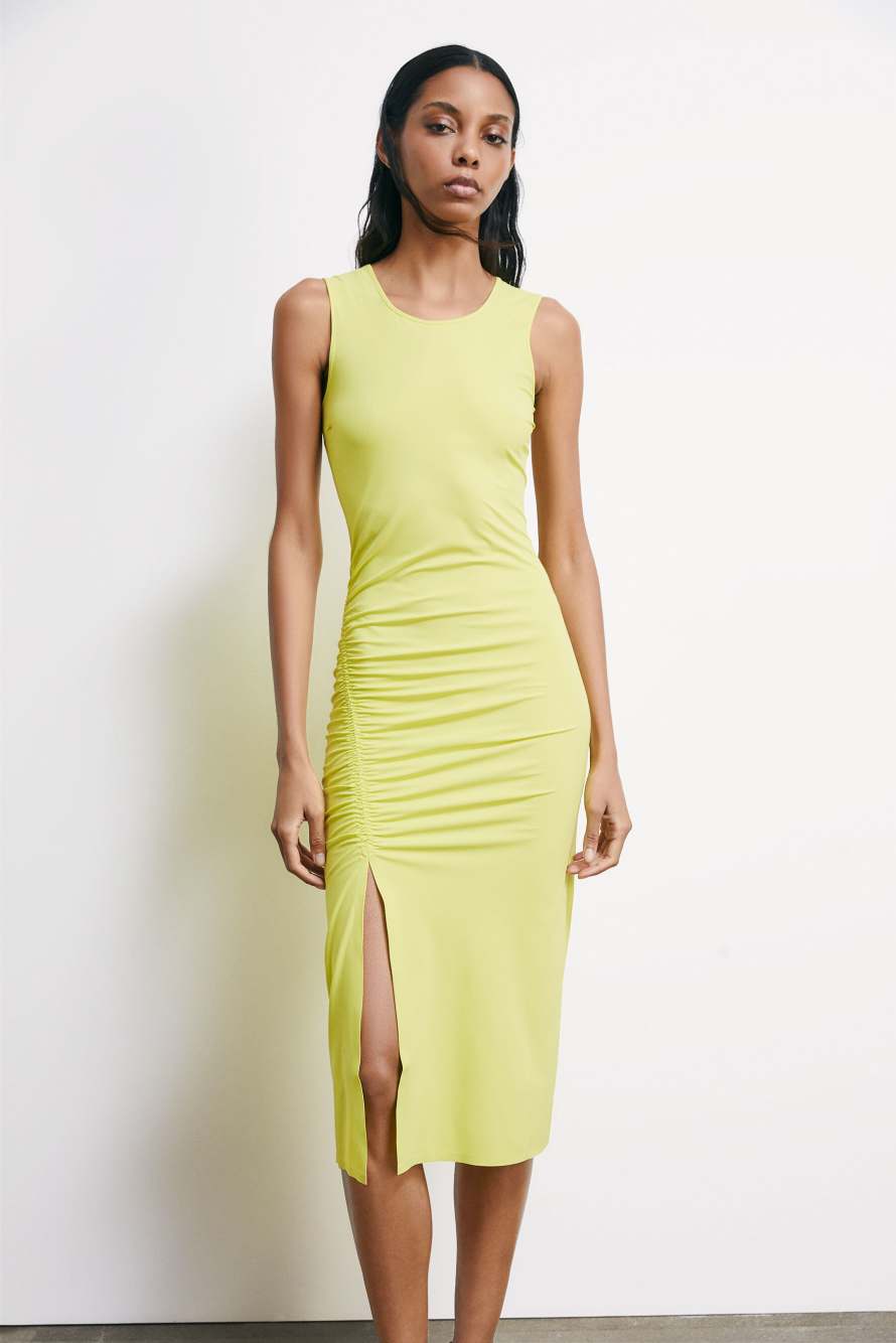 Midi ruched dress in technical jersey, Yellow, Patrizia Pepe