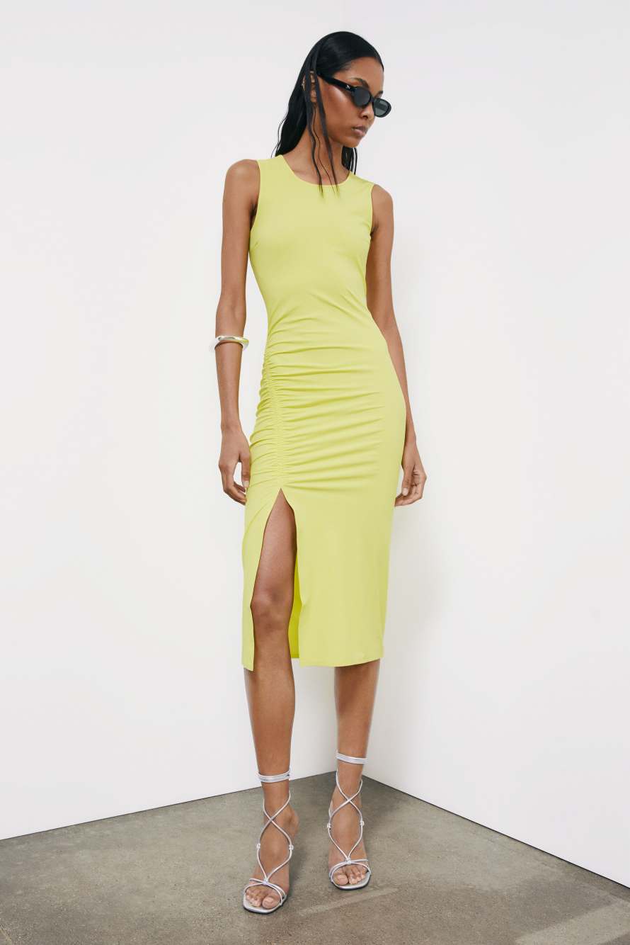 Midi ruched dress in technical jersey, Yellow, Patrizia Pepe