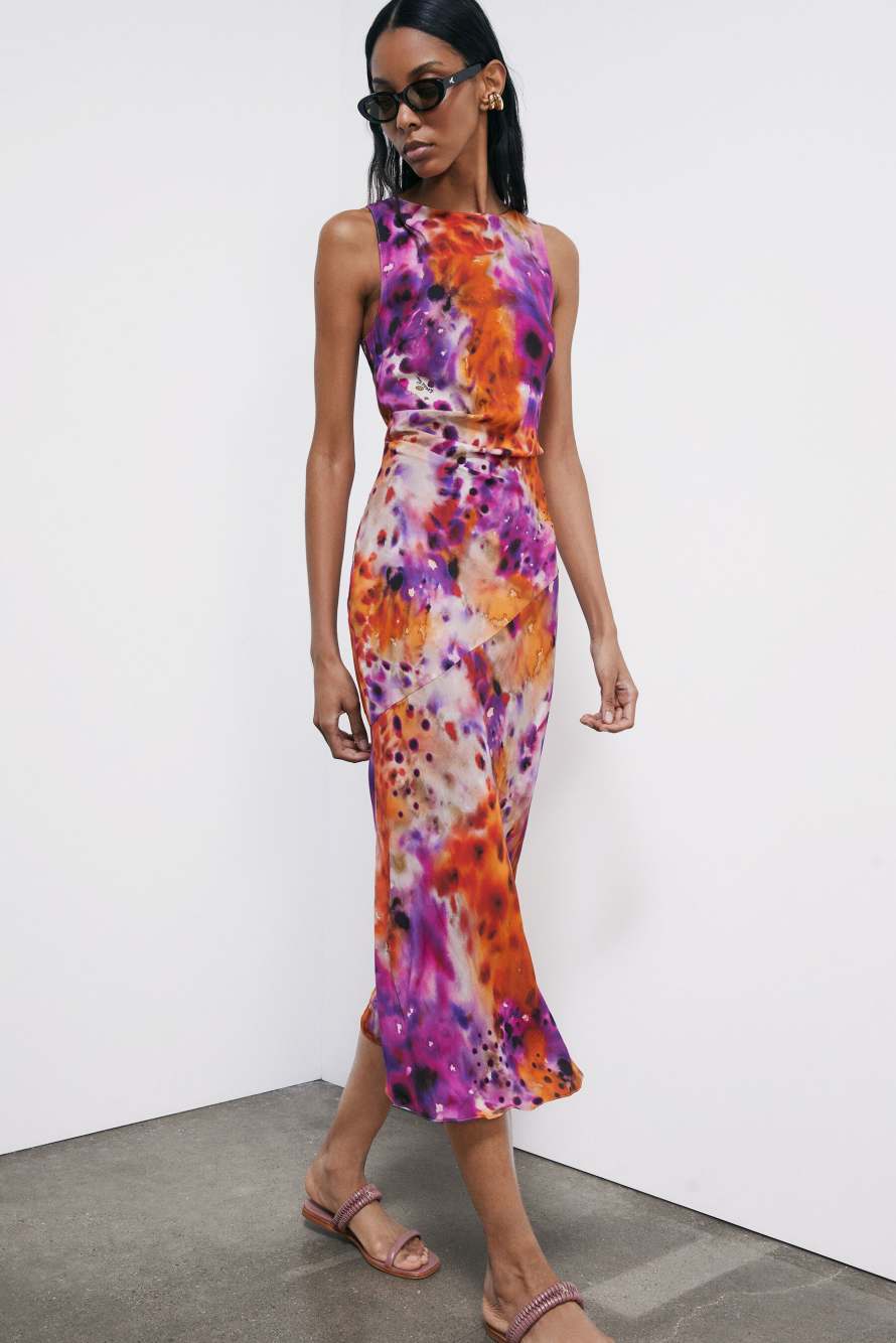 Vestido midi de viscosa estampada, Fantas&iacute;a abstracta