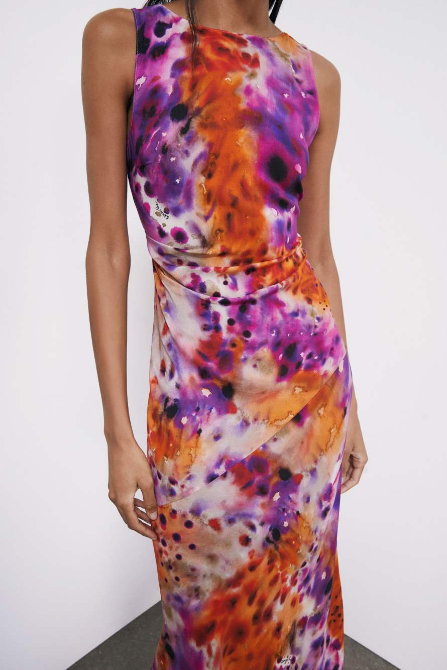 Vestido midi de viscosa estampada, Fantas&iacute;a abstracta
