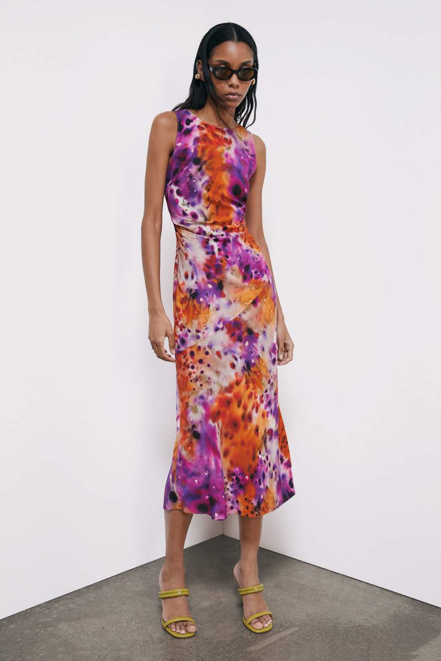 Vestido midi de viscosa estampada, Fantas&iacute;a abstracta